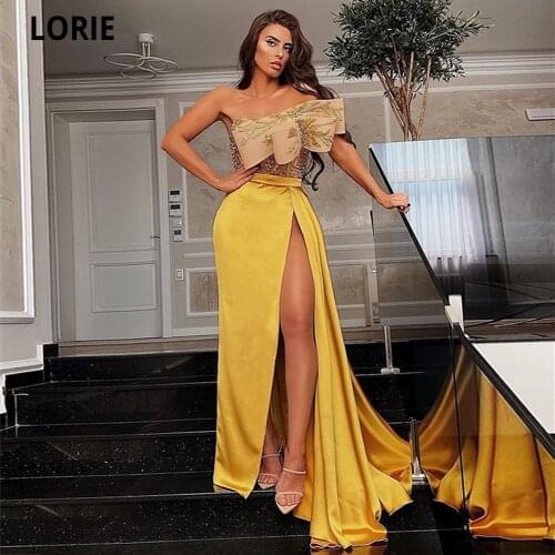 LORIE Gold Mermiad Evening Dresses Formal Sleeveless Celebrity Dresses with High Split Lace with Beading Beauty Pageant Dresses