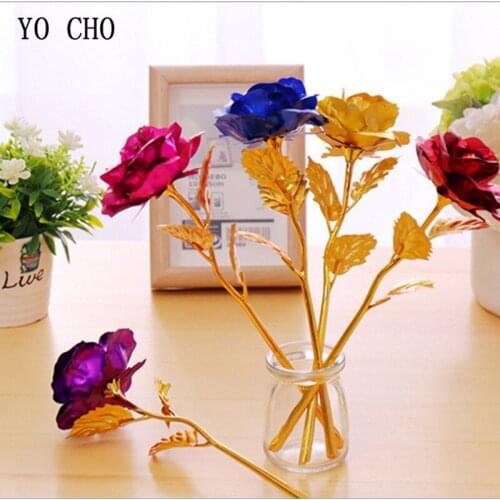 YO CHO long foil gold rose fake flower Anniversary Gift gold rose girlfriend wedding bouquet home decor flower Mothers Day
