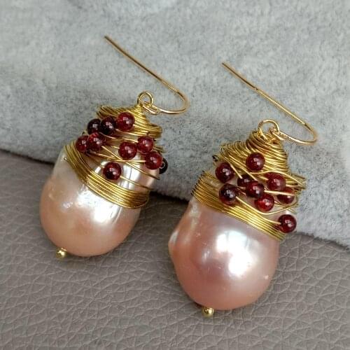 YYGEM Natural 16x26MM pink Nucleated Flameball Baroque Pearl pearl drop baroque hook earrings wholesale bead luxury for women