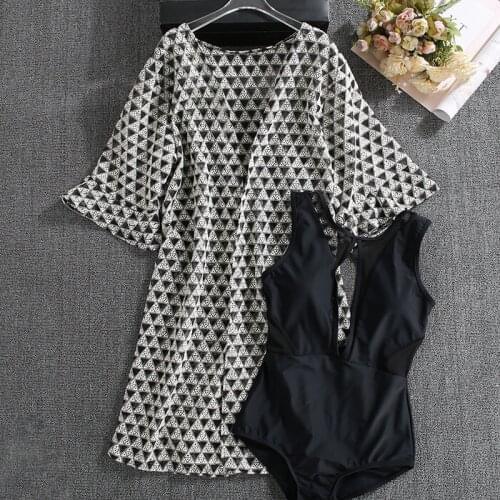 Women Black One Piece Swimwear Monokini Bodysuit Bathing Suit with Cover-Up Plus Size Swimsuit Female Swimming Suits Beachwear