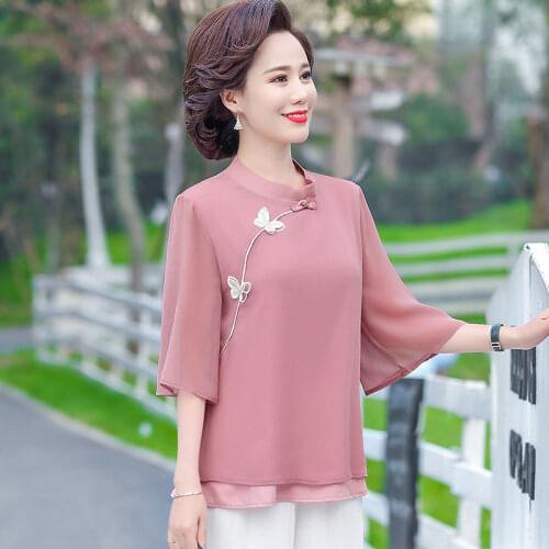 Chiffon Women Summer Tops Chinese Style Half Sleeve Butterfly Decoration Casual Loose Blouses Stand-Up Collar Tops Blusas MM0336
