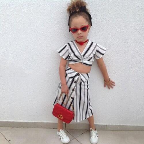 Pudcoco Girl Summer Dress Kids Baby Girl Clothes Set Child Lady Personality Party Dresses Girls Black White Striped Suit 1-5Y