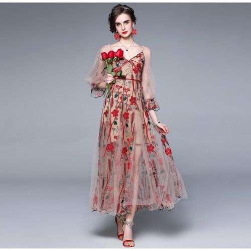 2021 New Summer Seaside Holiday Dress Women V-neck Lantern Sleeve Mesh Flowers Embroidery Elegant Party Long Dress