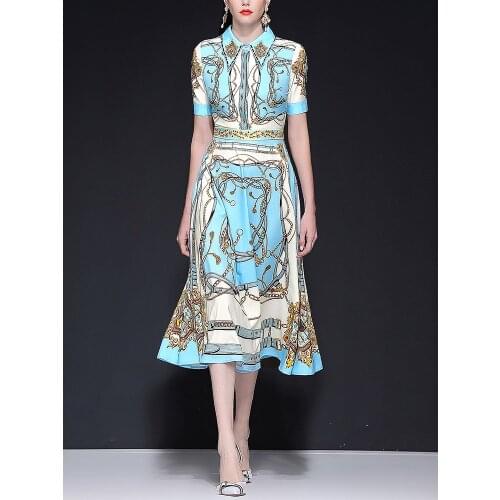 New European and American womens beaded diamonds lapel short-sleeved waist large swing dress print dress tide dress