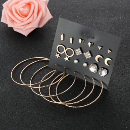 12 Pairs/set Fashion Geometric Heart Stud Earrings Set Mix For Women Round Circle Earring Star Square Triangle Earring Brincos