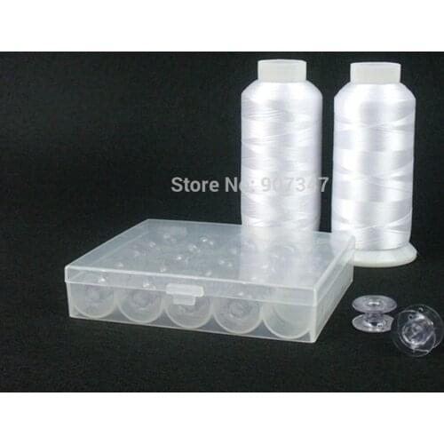 2 Large Spools Pre-wound Bobbin Thread Filament 5000m*2, White + 25 PCS Plastic Empty Bobbin Cases With Transparent Acrylic Box
