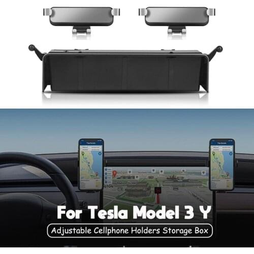 AU04 -Car Phone Mount for Tesla Model 3 Model Y, with 2 Adjustable Cellphone Holders Storage Box for Phones Up to 6.7Inch