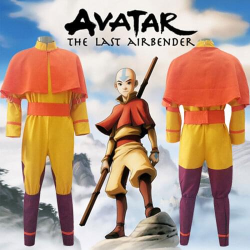 Avatar: The Last Airbender Cosplay Costume Aang Orange Suit for Adult Halloween Top Cloak Pants Accessories Set Carnival Wear