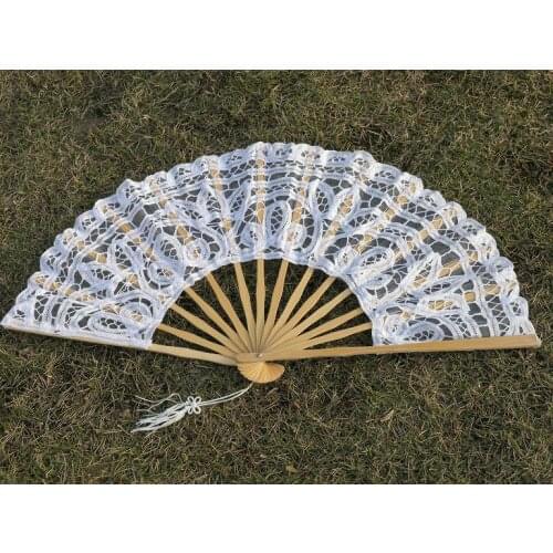 Battenburg White Lace Bridal Dancing Hand Fan With Bamboo Stem Wedding Party
