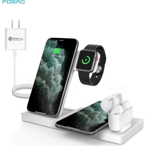 FDGAO 15W Qi Wireless Charger 4 in 1 Fast Charging Station for Apple Watch 6 5 4 3 2 iPhone 12 11 XS XR 8 Airpods Pro Stand Pad