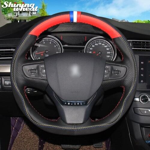 Shining wheat Red Black Genuine Leather Black Suede Blue White Red Marker Car Steering Wheel Cover for Peugeot 408 2014 2015