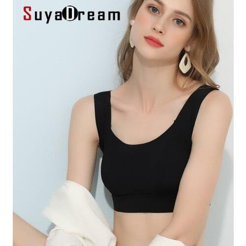 SuyaDream Women Wire Free Tanks Bras 100%Natural Silk Lining Everyday wear Full Cups Tank Bra Black Pink Nude Yo ga Underwear
