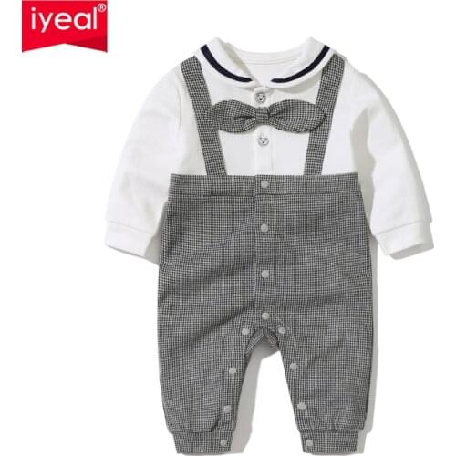 IYEAL Fashion Baby Boys Gentleman Rompers Long Sleeve Fake Two Pieces Cotton Infant Toddler Jumpsuit Newborn Formal Clothes Bebe