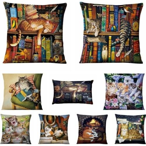 Home Decorative Pillow Illustration Cat Print Pillowcase Almofadas Decorativas Para Sofa Throw Pillows Square Pillows 17*17inch