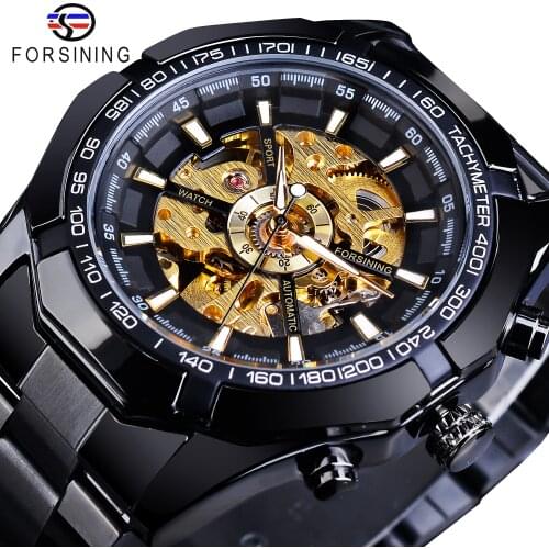 Forsining 2021 Waterproof Black Steampunk Stainless Steel Mens Automatic Skeleton Mechanical Sport Wrist Watch Top Brand Luxury