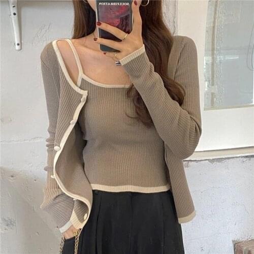 Spring 2021 New Gentle Short Outer Wear Knitted Long Sleeve Cardigan Womens All-Match Slimming Vest Sling Fashion