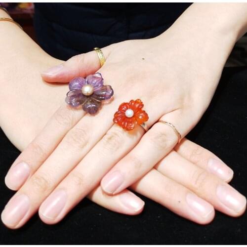 Lii Ji 925 Sterling Silver Gemstone Purple Amethyst Carnelian Flower Rings for Women Opening Rings Adjustable Size Party Jewelry