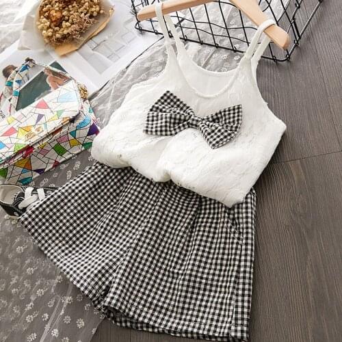 Kids Girls Clothing Sets 2021 Summer Kids Bow-knot Sling Top And Plaid Shorts 2Pcs Outfits Children Casual Suits