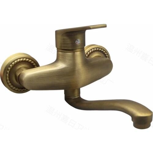 Kitchen Sink Faucet Antique Brass Carved Sink Mixer Tap Hot & Cold Single Handle 2 Hole Wall Mounted Rotating Mop Pool Faucet