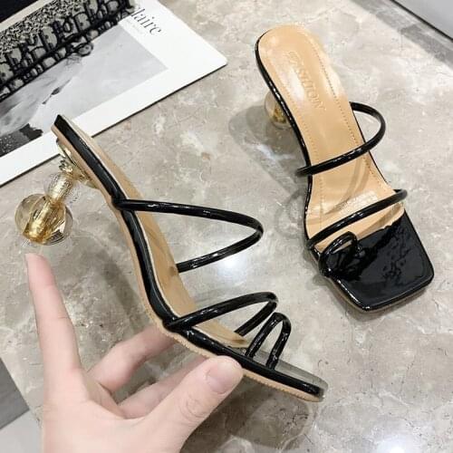New Slides Women 8cm High Heels Mules Fetish Summer Crystal Sandals Female Transparent Girls Low Strange Heels Slippers Shoes