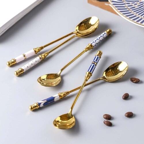 Stainless Steel Coffee Stirring Spoon Ceramic Long Handle Brilliant Ice Cream Teaspoon Gold-Plated Dessert Spoon Tableware