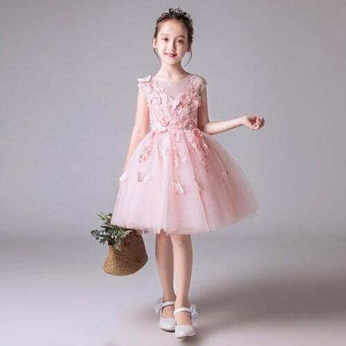 New Pink Lace Girls First Communion Dress Applique Tulle Party Ball Gown Flower Girl Dress For Wedding Kids Baptism Vestido