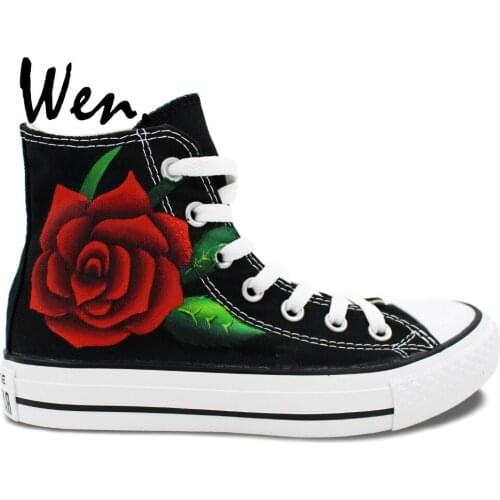 Wen Original Hand Painted Shoes Design Custom Red Rose Floral Black High Top Canvas Sneakers for Womens Gifts