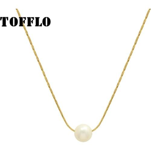 TOFFLO Stainless Steel Pendant Necklace Minimalist 18 K Golden Fine Neck Chain Freshwater Pearl Necklace BSP205