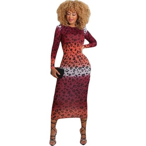 Long Sleeve Bodycon Spring Autumn Dress Gradient Burgundy Color O Neck Dress Casual Elegant Women Sundress Holiday Streetwear