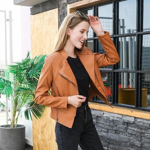Dropshipping Slim Ladies PU Leather Jacket Faux Soft Motorcycle Clothing Spring Autumn Womens Fashion Trend Leather Overcoat