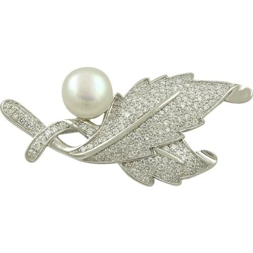 Silverlina Silver Pearl & Zircon Crystal Leaf Design Brooch