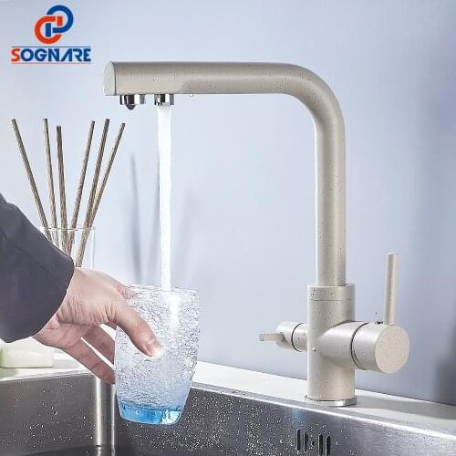 SOGNARE Khaki Filtered Water Mixer 360 Degree Rotation Kitchen Tap 3 Way Water Filter Tap Water Solid Brass Kitchen Faucets