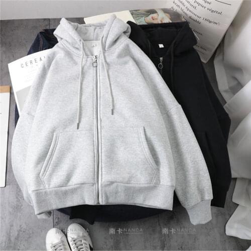Ins Korean Fashion Womens Sweatshirt Kawaii Clothes 2021 Autumn Winter Fleece Coat Loose Zip Hoodie Hooded Sweatshirts For Girl