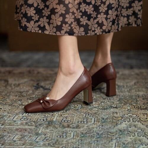 SKLFGXZY Spring Women Pumps Elegant Lady Genuine Leather Party Shoes Woman Wine Red Brown High Square Heels