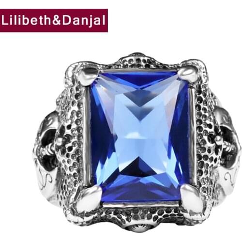 Vintage Big Stone Initial Finger Ring Pure 925 Sterling Silver Inlaid Blue Corundum Punk Luxe Jewelry Men Women 2021 Luxury R55
