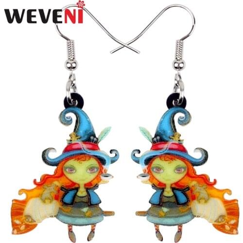 WEVENI Acrylic Halloween Sitting Broomstick Witch Earrings Drop Dangle Trendy Magical Jewelry For Women Girls Female Dropship