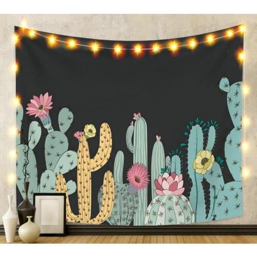 Green and Yellow Cactus Black Plant Tapestry for Livingroom Photography Wall Decor