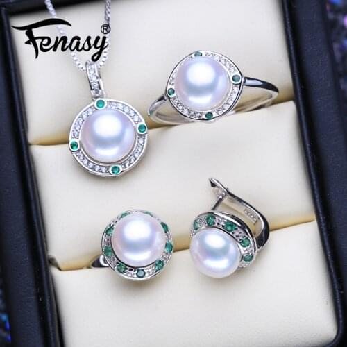 FENASY Luxury Pearl Jewelry Sets 925 Sterling Silver Green Crystal Natural Freshwater Pearl Earrings Necklace Ring For Women