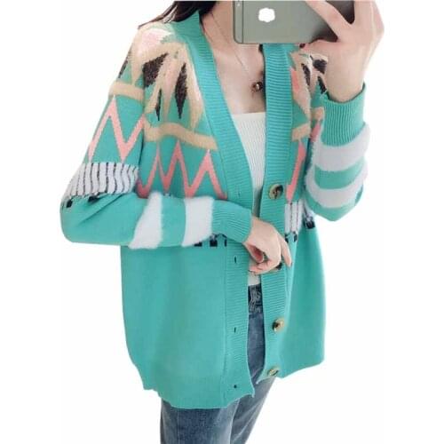 New Fashion Spring Autumn Knit Sweater Cardigan jacket women Printed long sleeves Button Loose sweaters students Casual top G466