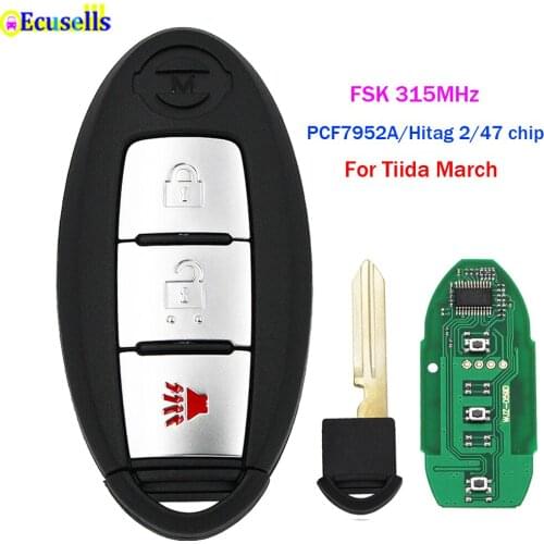 2+1 Button Smart Remote Key Fob FSK 315MHz PCF7952A / HITAG 2 / 46 CHIP for Nissan Tiida March