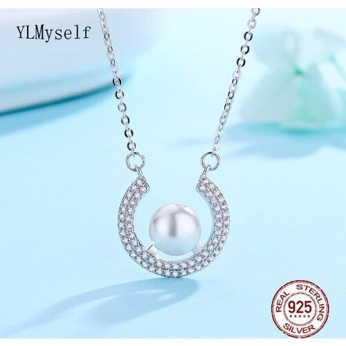 Real 925 Sterling Silver Necklace 40+5cm Chain 8mm Natural Pearl/Shiny CZ Elegant Pendants For Girl