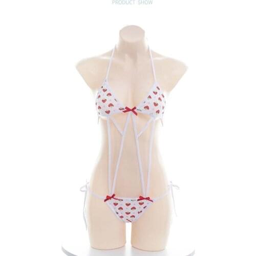 Women Strawberry Printed Bikini Set Sweet Sexy Lingerie Bandage Uniform Swimsuit Erotic Costumes Bra Women Underwear