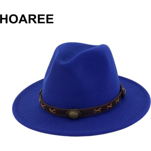 HOAREE Royal Blue Wide Brim Hat Women Black Fedoras Hat Ladies Woolen Casual Retro Jazz Cap Solid Vintage Autumn Felt Hat