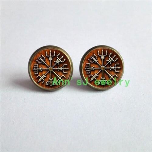 HZ4-00224 1pair Vegvisir Viking ear nail Compass Earrings Studs jewelry glass ear stud Cabochon Earrings Post