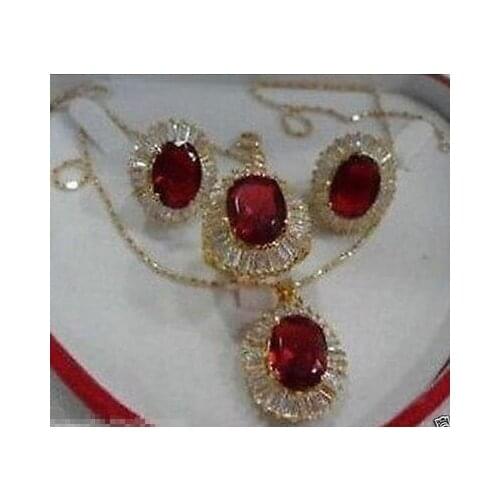 Fashion Cubic Zirconia Red Crystal NecklacePendant Earring Ring Jewellery Sets