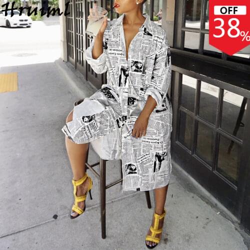 Fashion Newspaper Print Dresses Women Autumn Long Sleeve Oversize Ladies Maxi Dress Casual High Street Chic Plus Size Dress