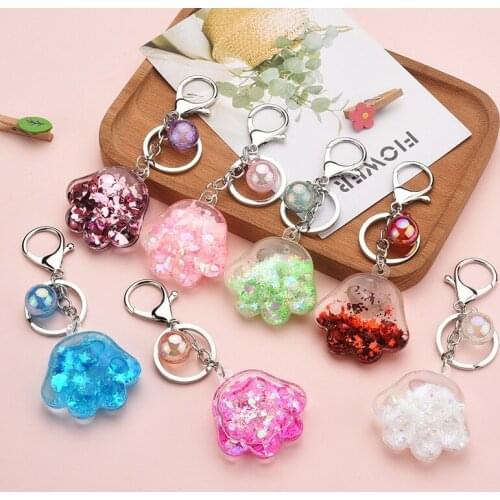 Cartoon Acrylic oiled Cat Paw Keychain Liquid Floatation Sequined Keyring Cute Bag Car Pendant Key Holder ornament Gifts