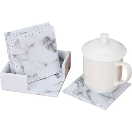 Marble PU Leather Coaster Set Fashion Nordic Style 6 Pack Cup Coasters + Holder Hotel Home Universal Double-layer Tea Coaster
