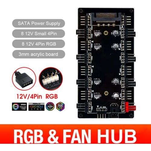1 To 8 Multi Way Splitter RGB PWM HUB for PC Fan Cooler Motherboard 12V/4 Pin LED Strip Light Adapter Powered By SATA/Large 4D