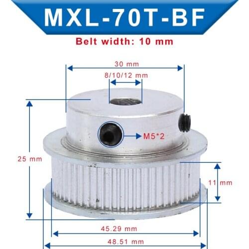 Timing Pulley MXL-70T Inner Bore 8/10/12 mm Belt Pulley Slot Width 11 mm Match with Width 10 mm MXL-Timing Belt For 3D Printer